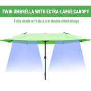 Double-Sided Sun Umbrella Canopy 4.6m Crank Shade with Cross Base, Green
