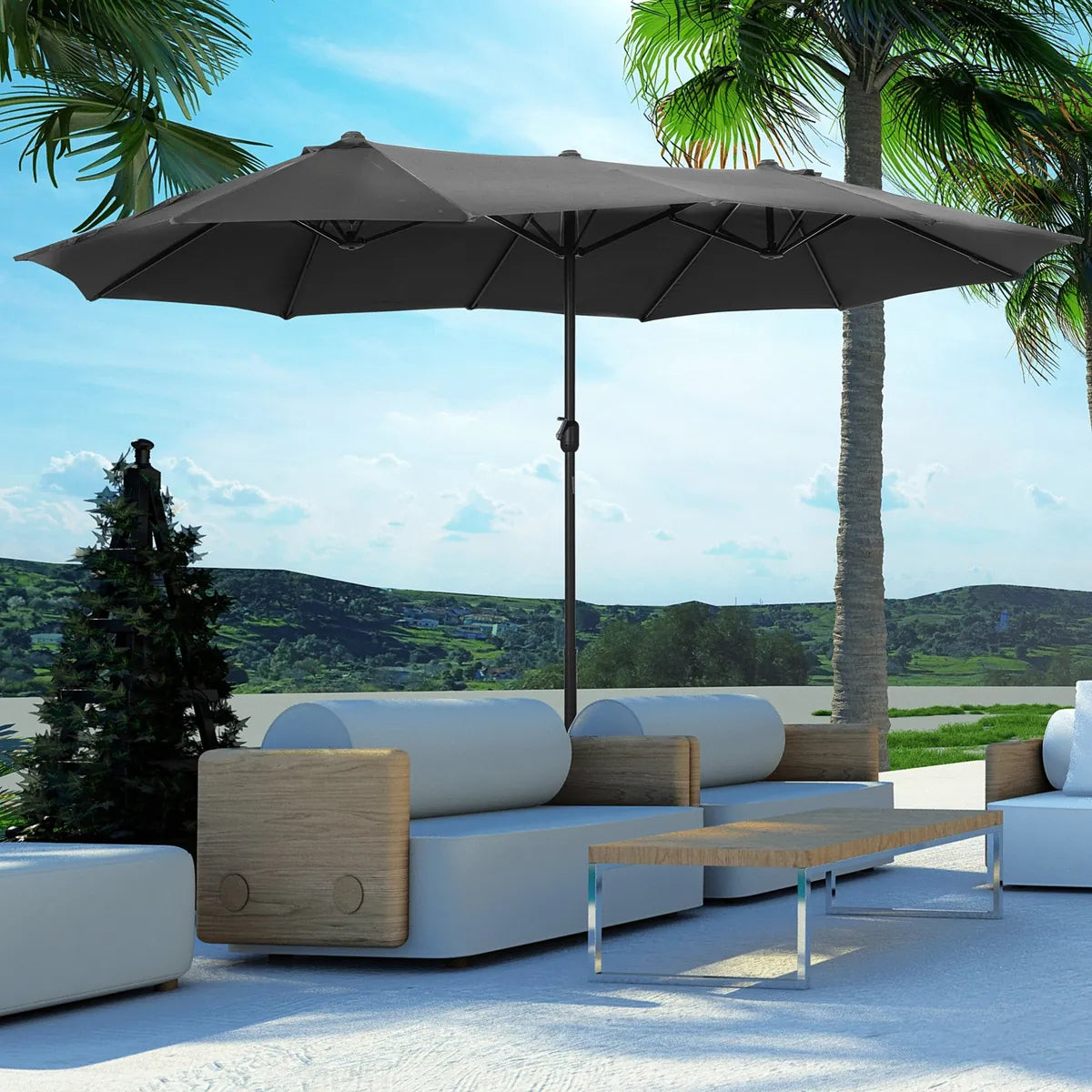 Double-Sided Sun Umbrella Canopy 4.6m Crank Shade with Cross Base, Grey