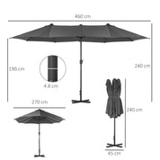 Double-Sided Sun Umbrella Canopy 4.6m Crank Shade with Cross Base, Grey