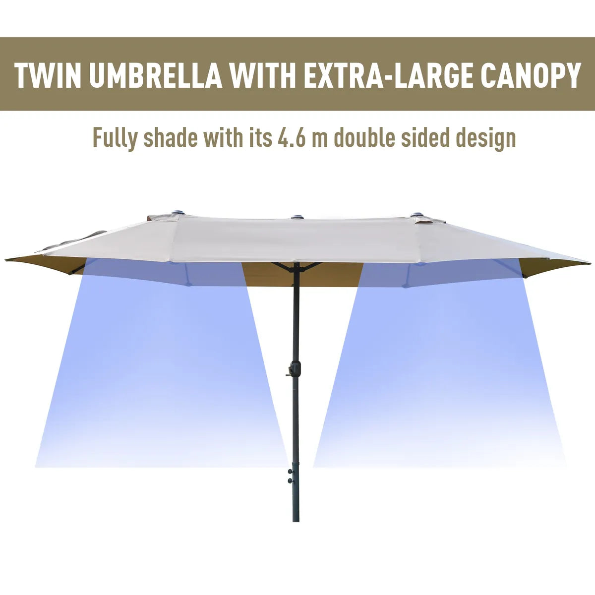 Double-Sided Sun Umbrella Canopy 4.6m Crank Shade with Cross Base, Khaki