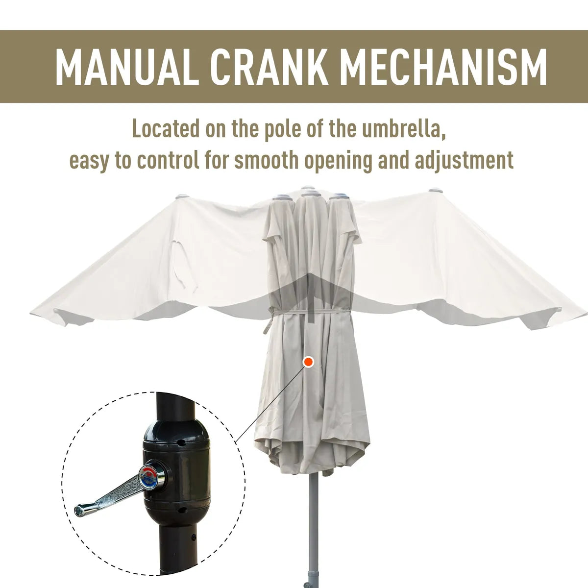 Double-Sided Sun Umbrella Canopy 4.6m Crank Shade with Cross Base, Khaki