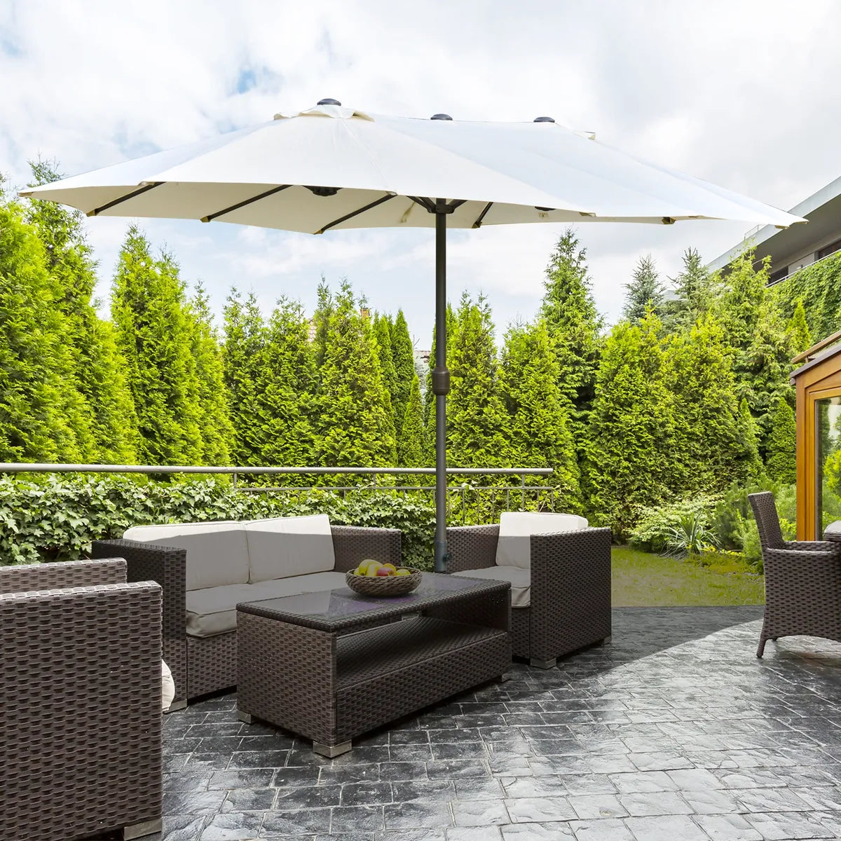 Double-Sided Sun Umbrella Canopy 4.6m Crank Shade with Cross Base, Off White