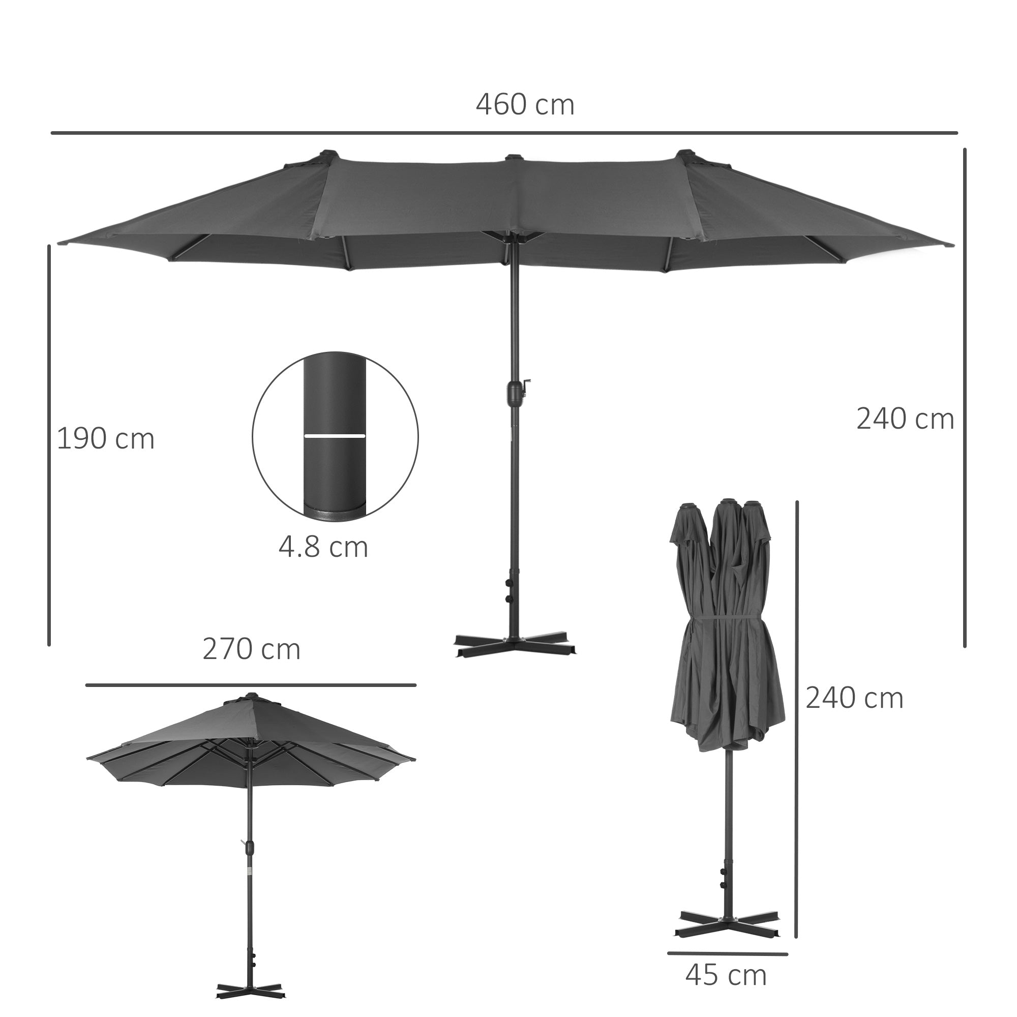 Double-Sided Sun Umbrella Canopy 4.6m Crank Shade with Cross Base, Grey
