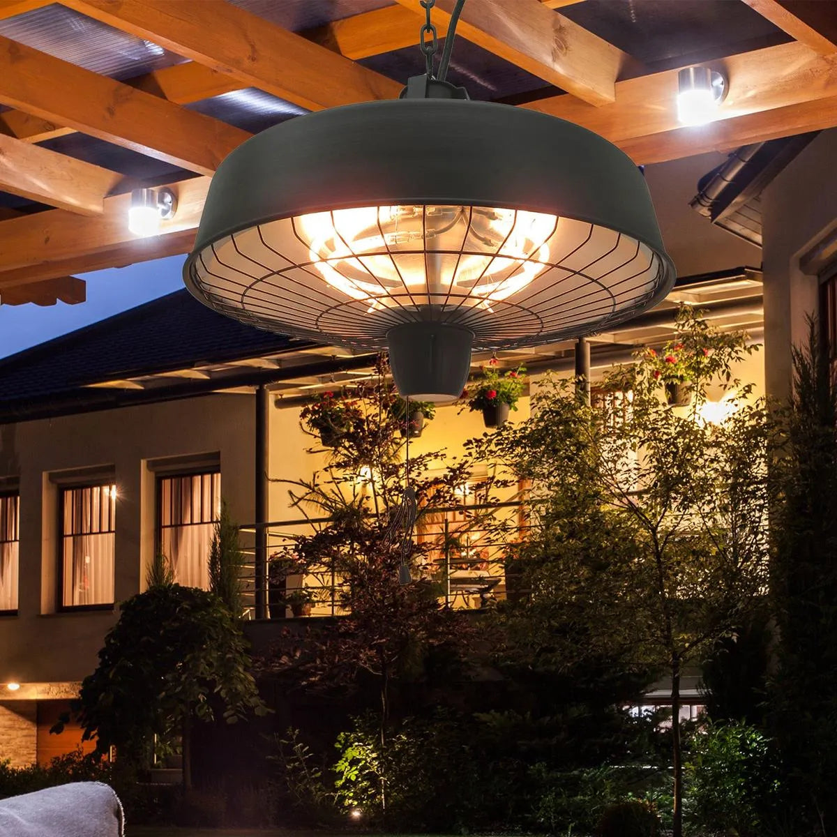 Adjustable Power Infrared Halogen Electric Patio Light Heater 1000/2500W Ceiling Hanging Mount, Black