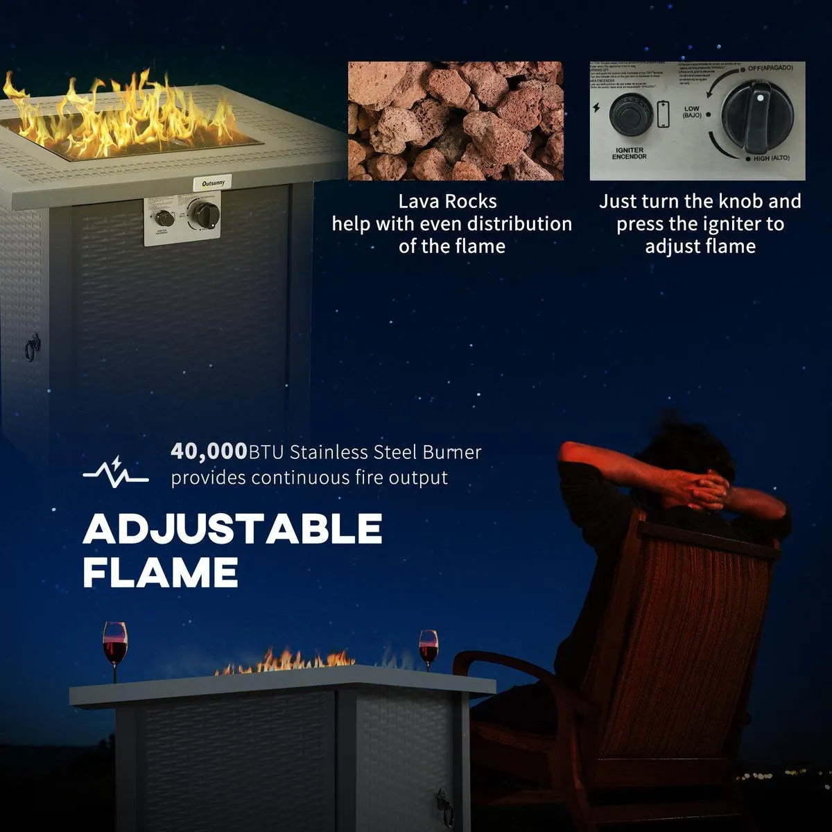 Gas Fire Pit Table, 40,000 BTU, 71×71cm, Black / Dark Grey