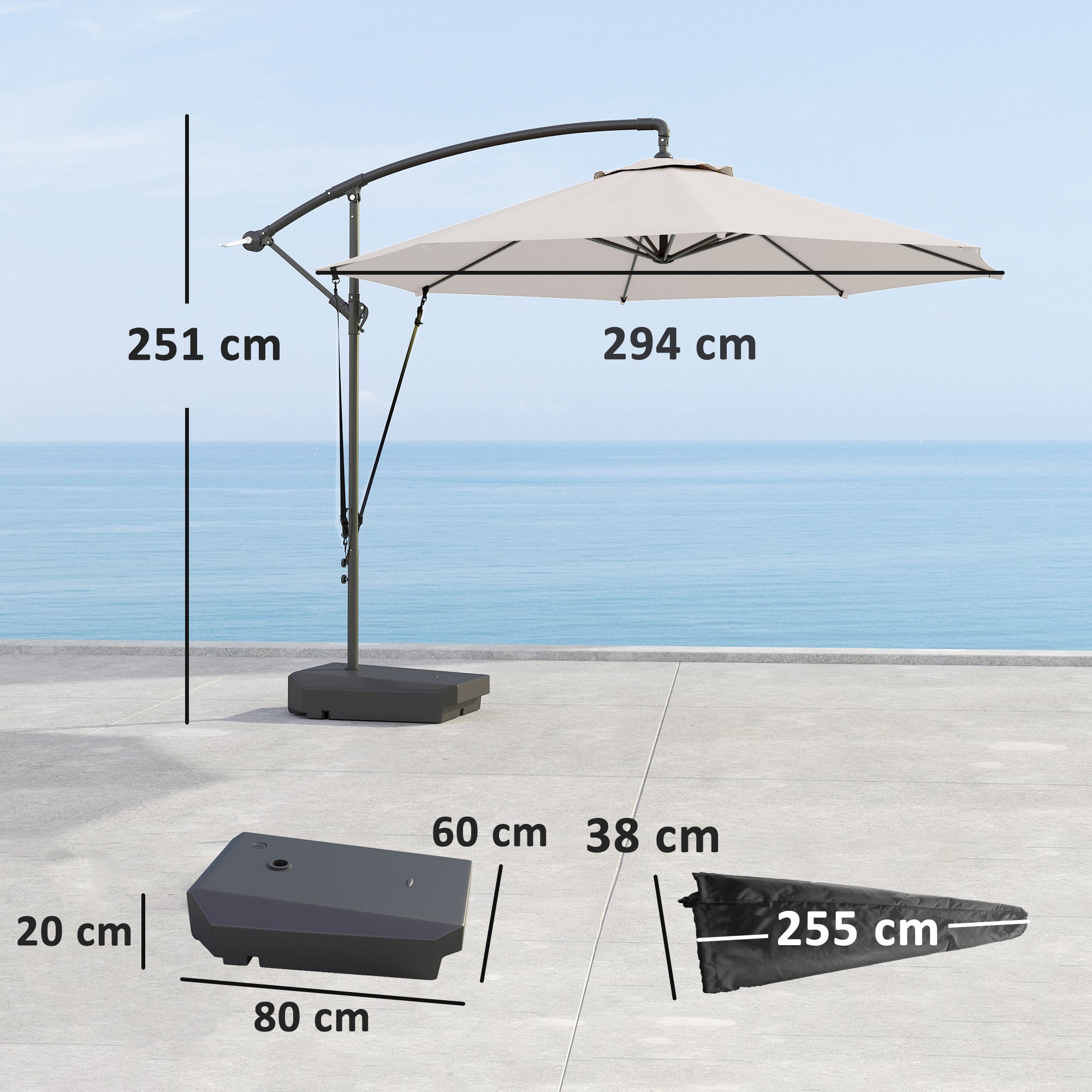 Garden Cantilever Parasol 3m with Fillable Base up to 90kg Wind Strap Cover Round Banana Hanging Umbrella Crank Tilt UPF50+, Cream