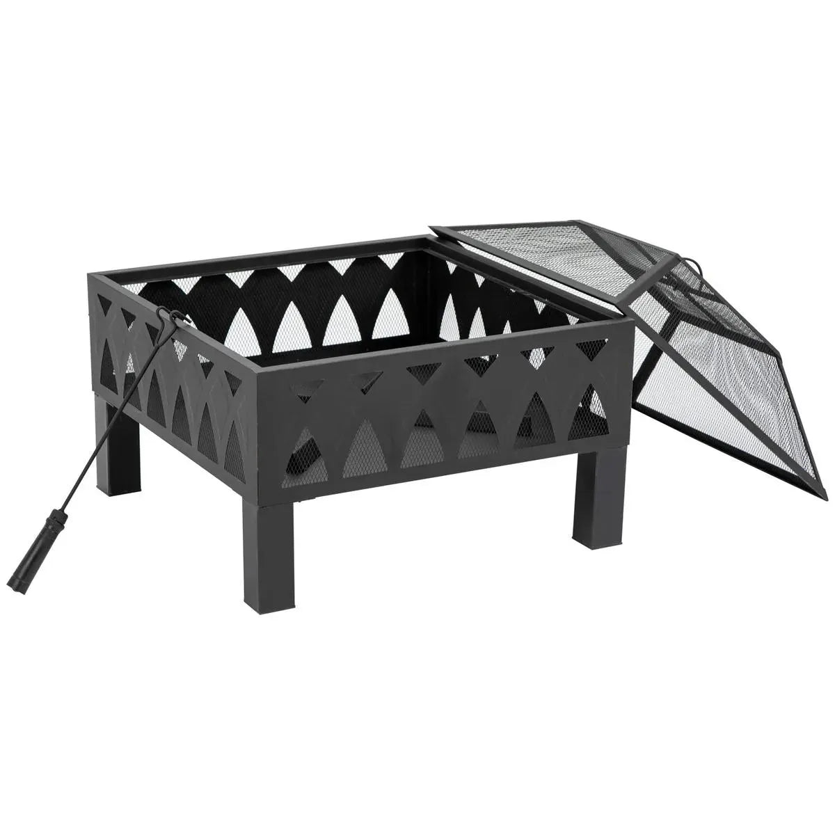 Fire Pit Outdoor, 66cm, Black, with Screen Cover and Poker for Patio Backyard Wood Burner Firepit Bowl
