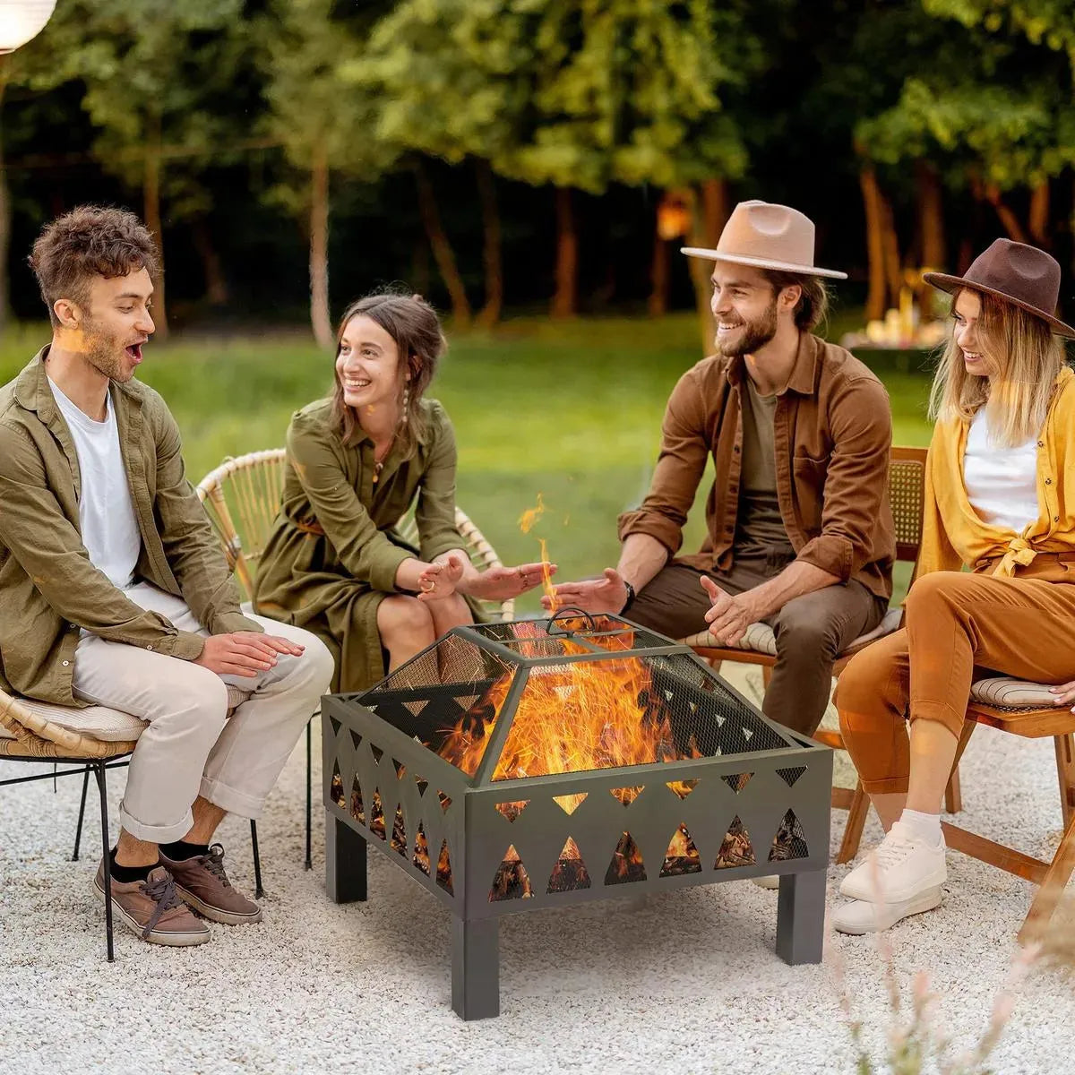 Fire Pit Outdoor, 66cm, Black, with Screen Cover and Poker for Patio Backyard Wood Burner Firepit Bowl