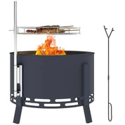 Fire Pit Portable Round, 58cm, Black with Grill Grate, Ash Catcher and Poker for Garden Camping Bonfire Picnic BBQ