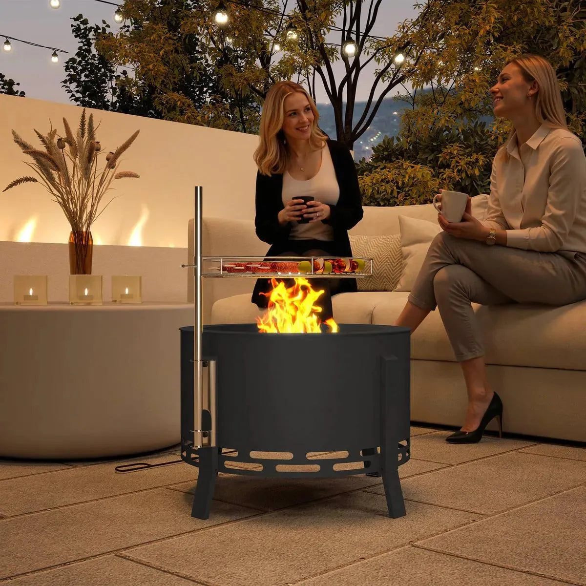 Fire Pit Portable Round, 58cm, Black with Grill Grate, Ash Catcher and Poker for Garden Camping Bonfire Picnic BBQ
