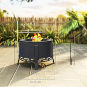 Fire Pit Portable Round, 58cm, Black with Grill Grate, Ash Catcher and Poker for Garden Camping Bonfire Picnic BBQ