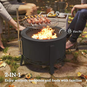 Fire Pit Portable Round, 58cm, Black with Grill Grate, Ash Catcher and Poker for Garden Camping Bonfire Picnic BBQ