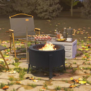 Fire Pit Portable Round, 58cm, Black with Grill Grate, Ash Catcher and Poker for Garden Camping Bonfire Picnic BBQ