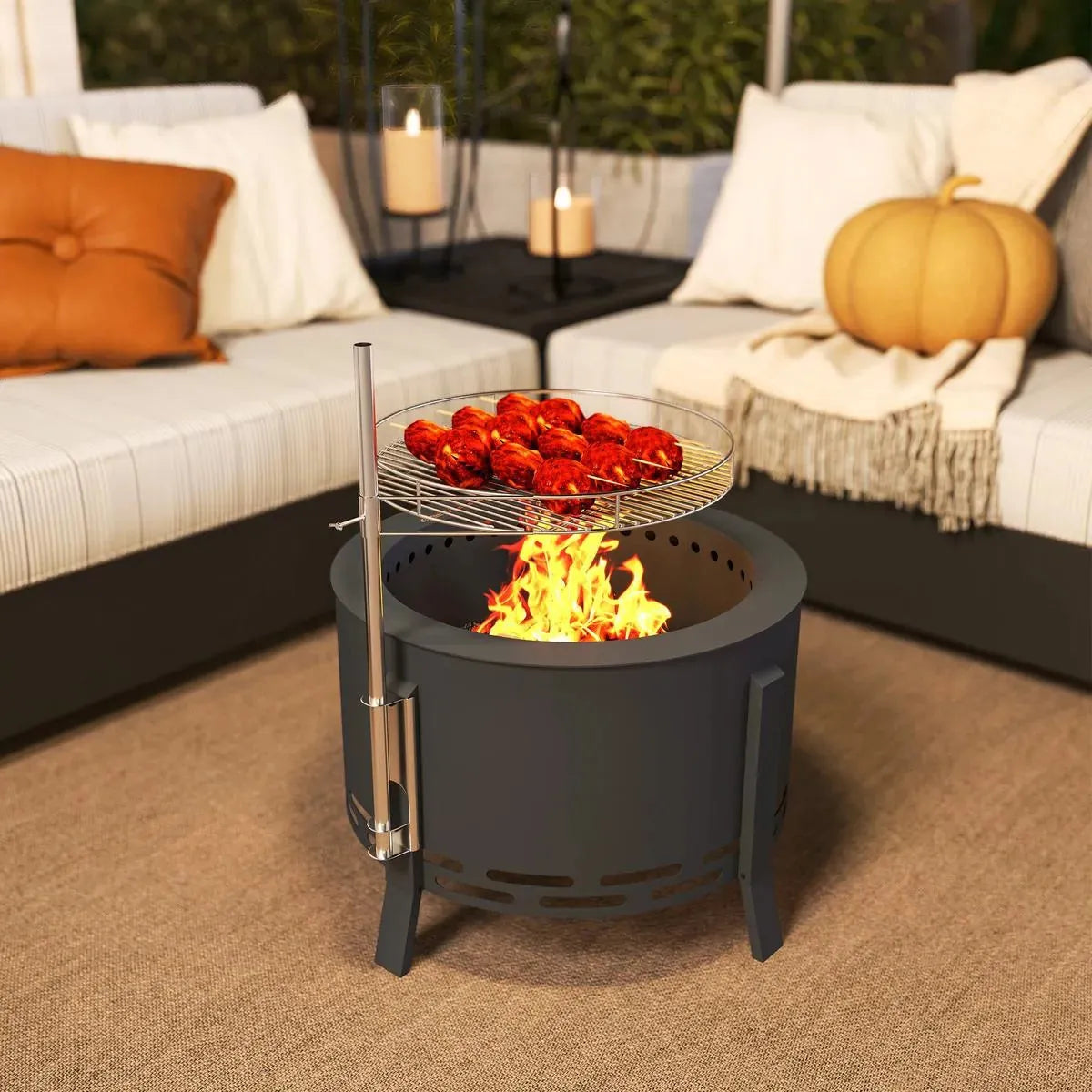 Fire Pit Portable Round, 58cm, Black with Grill Grate, Ash Catcher and Poker for Garden Camping Bonfire Picnic BBQ