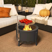 Fire Pit Portable Round, 58cm, Black with Grill Grate, Ash Catcher and Poker for Garden Camping Bonfire Picnic BBQ