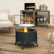 Fire Pit Portable Round, 58cm, Black with Grill Grate, Ash Catcher and Poker for Garden Camping Bonfire Picnic BBQ