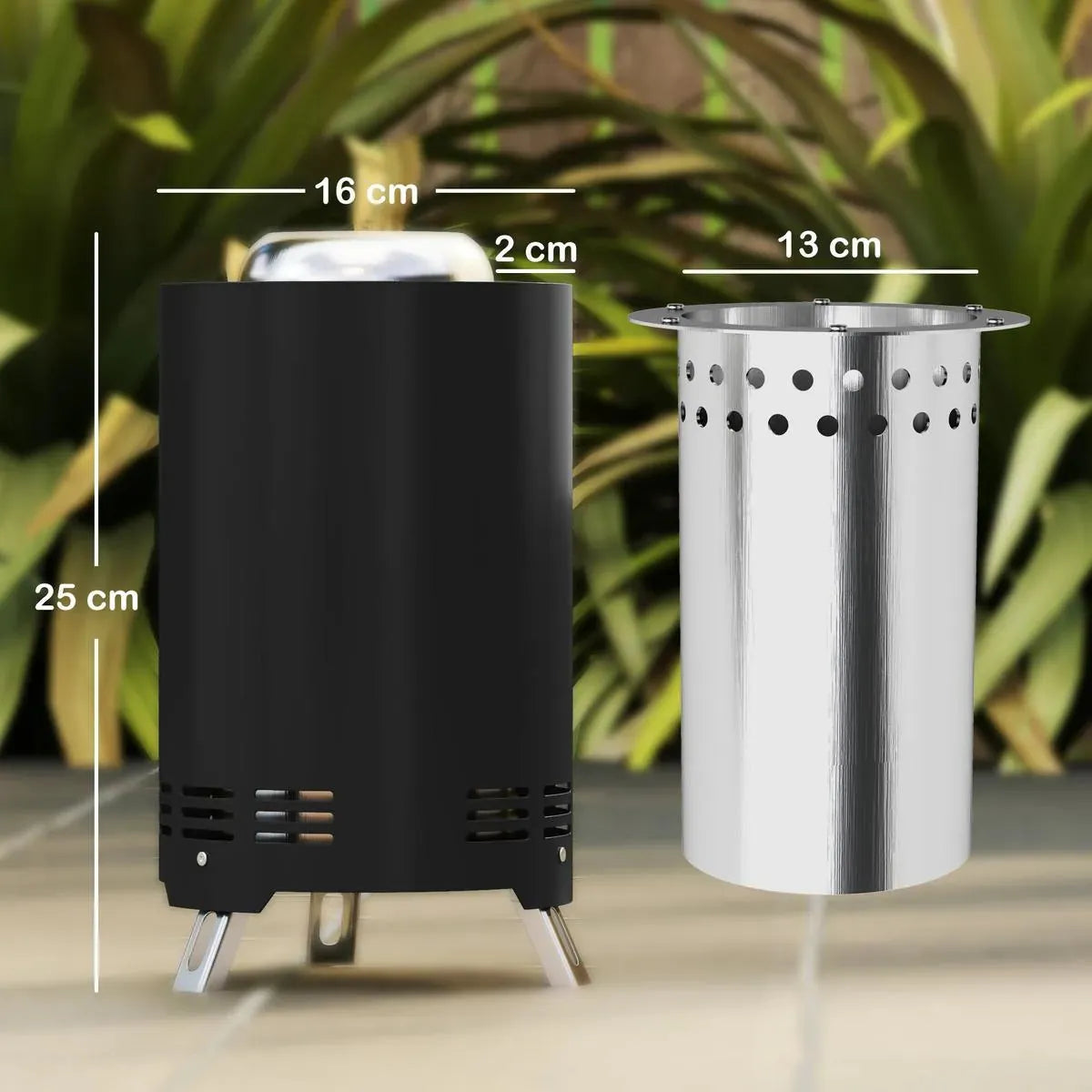 Fire Pit Portable Stainless Steel, 16×16cm, Black with Poker for Garden Camping Bonfire Party, Smokeless Wood- or Pellet-Fuelled Tabletop