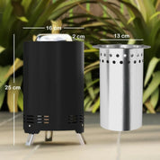 Fire Pit Portable Stainless Steel, 16×16cm, Black with Poker for Garden Camping Bonfire Party, Smokeless Wood- or Pellet-Fuelled Tabletop