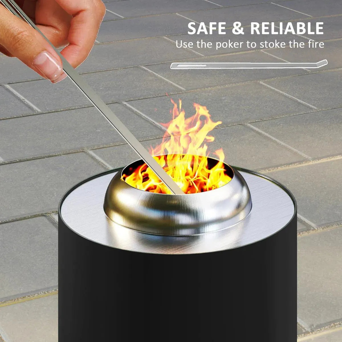 Fire Pit Portable Stainless Steel, 16×16cm, Black with Poker for Garden Camping Bonfire Party, Smokeless Wood- or Pellet-Fuelled Tabletop