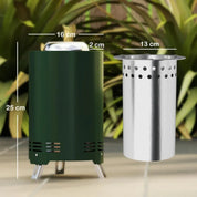 Fire Pit Portable Stainless Steel, 16×16cm, Green with Poker for Garden Camping Bonfire Party, Smokeless Wood- or Pellet-Fuelled Tabletop
