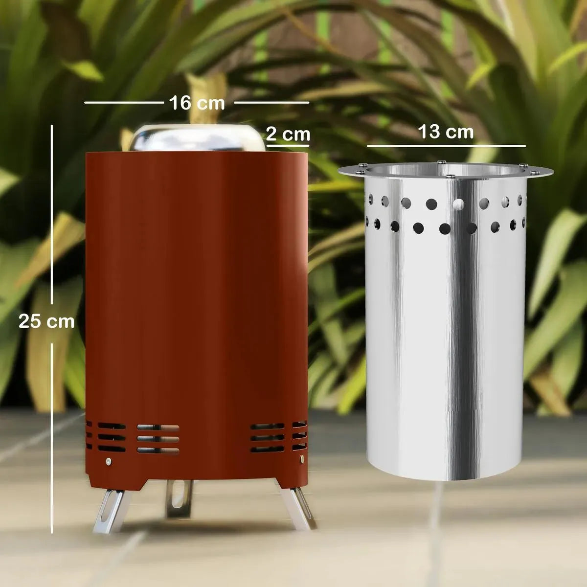 Fire Pit Portable Stainless Steel, 16×16cm, Red with Poker for Garden Camping Bonfire Party, Smokeless Wood- or Pellet-Fuelled Tabletop