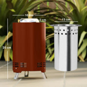 Fire Pit Portable Stainless Steel, 16×16cm, Red with Poker for Garden Camping Bonfire Party, Smokeless Wood- or Pellet-Fuelled Tabletop