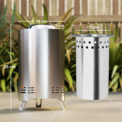 Fire Pit Portable Stainless Steel, 16×16cm, Silver Tone with Poker for Garden Camping Bonfire Party, Smokeless Wood- or Pellet-Fuelled Tabletop
