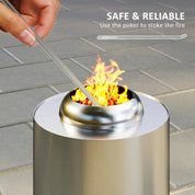 Fire Pit Portable Stainless Steel, 16×16cm, Silver Tone with Poker for Garden Camping Bonfire Party, Smokeless Wood- or Pellet-Fuelled Tabletop