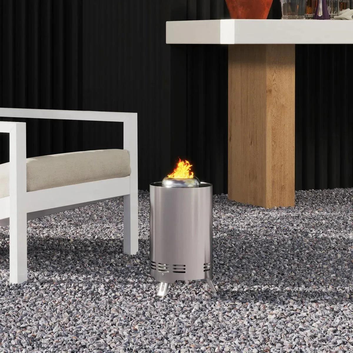 Fire Pit Portable Stainless Steel, 16×16cm, Silver Tone with Poker for Garden Camping Bonfire Party, Smokeless Wood- or Pellet-Fuelled Tabletop