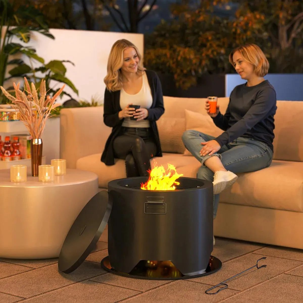 Fire Pit Round Outdoor with Lid and Fire Poker, Black