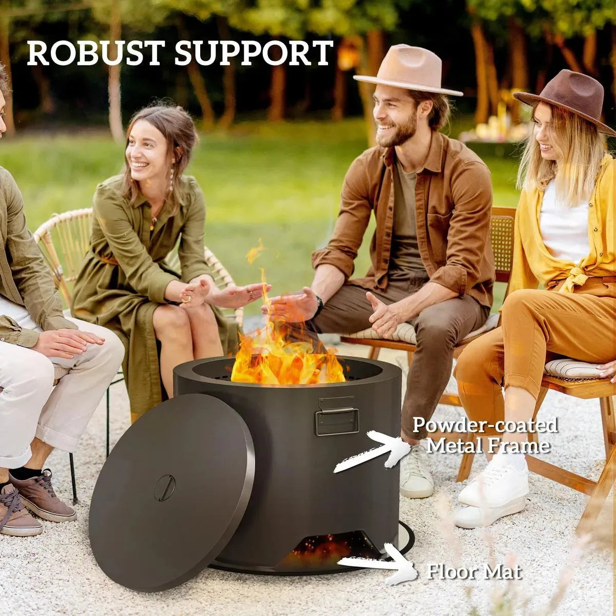 Fire Pit Round Outdoor with Lid and Fire Poker, Black