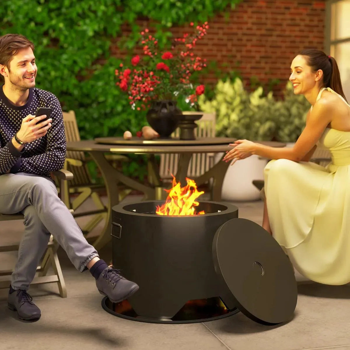 Fire Pit Round Outdoor with Lid and Fire Poker, Black