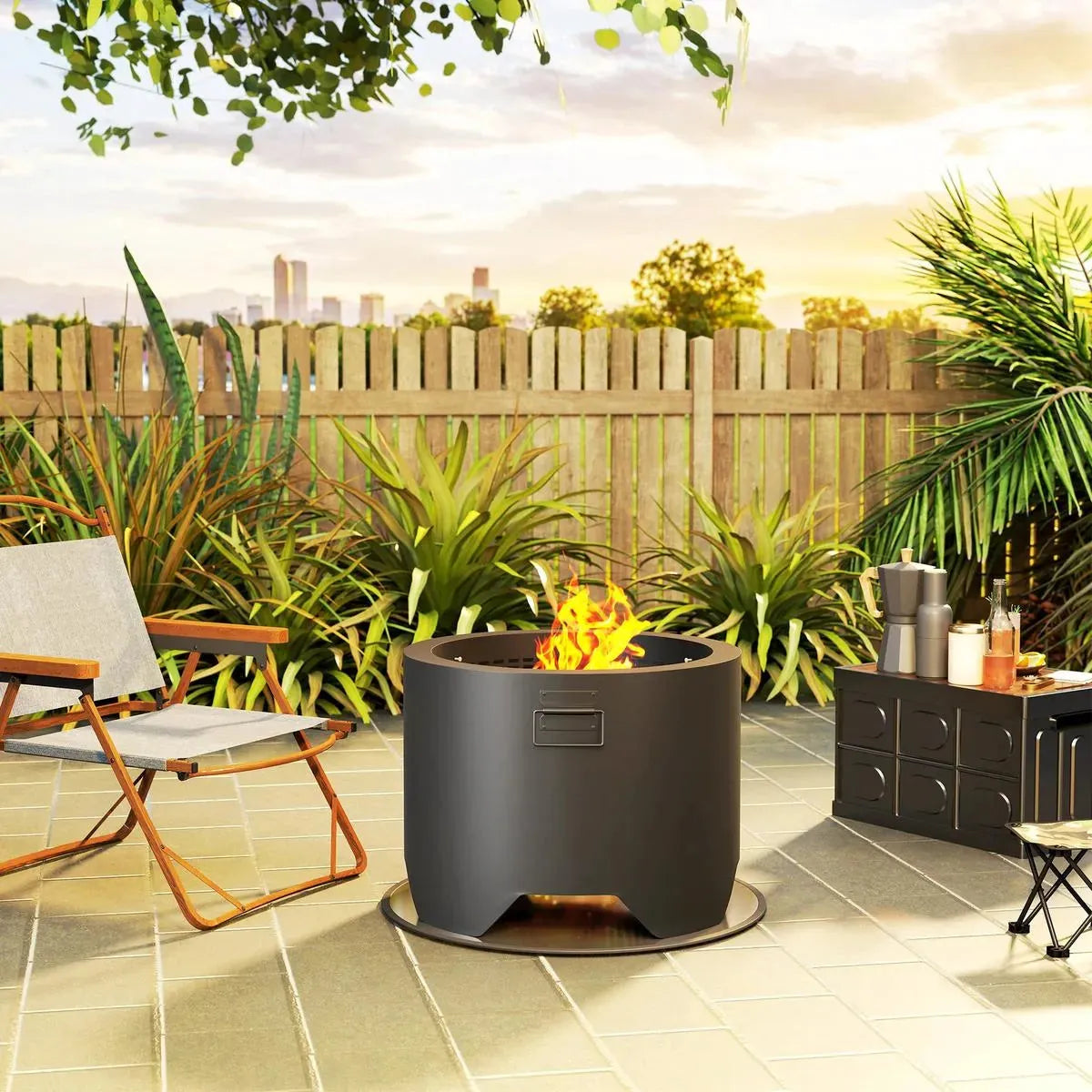 Fire Pit Round Outdoor with Lid and Fire Poker, Black