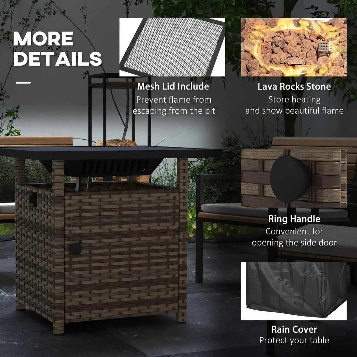 Fire Pit Table, 50,000 BTU, 72.5×72.5cm, Brown with Cover
