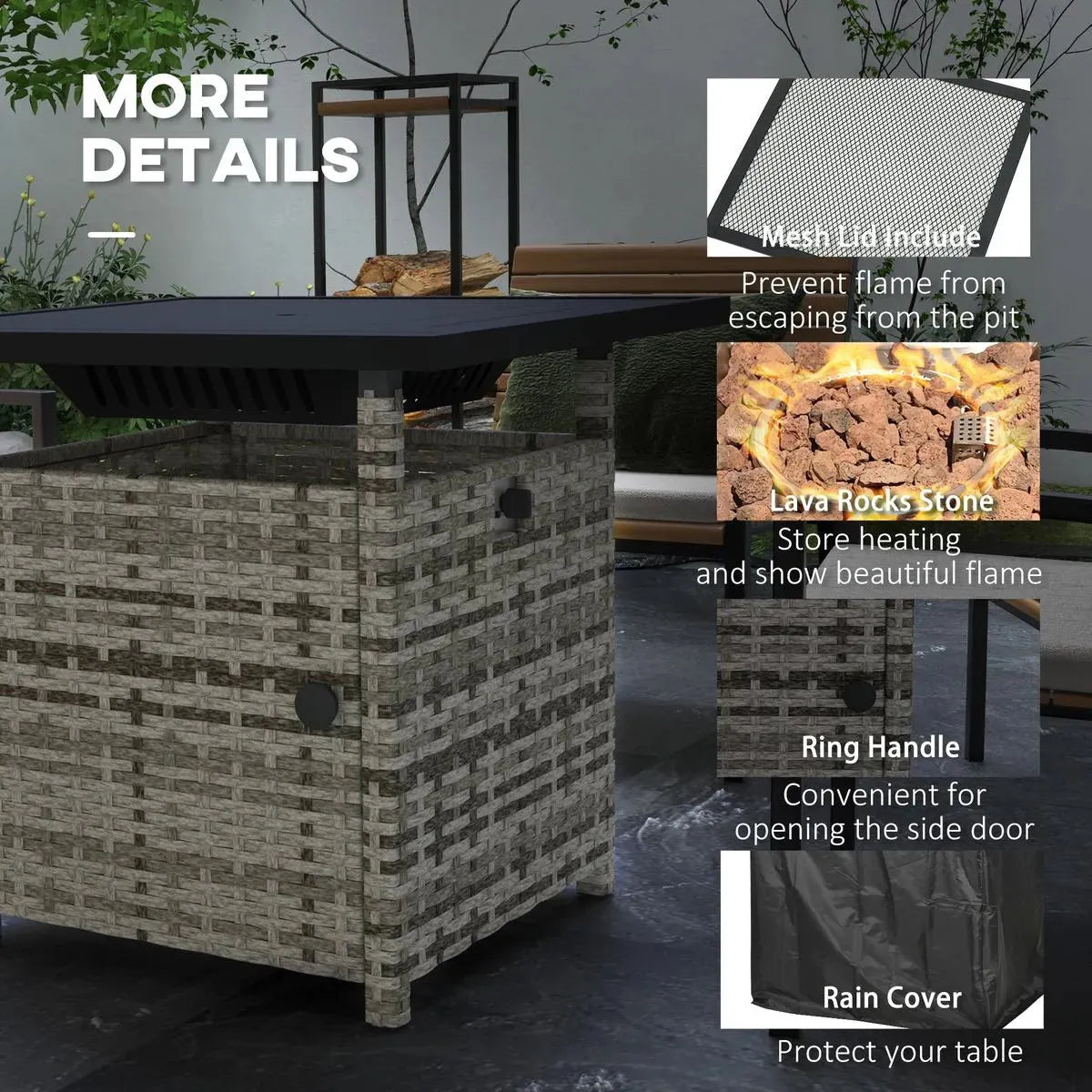 Fire Pit Table, 50,000 BTU, 72.5×72.5cm, Grey with Cover