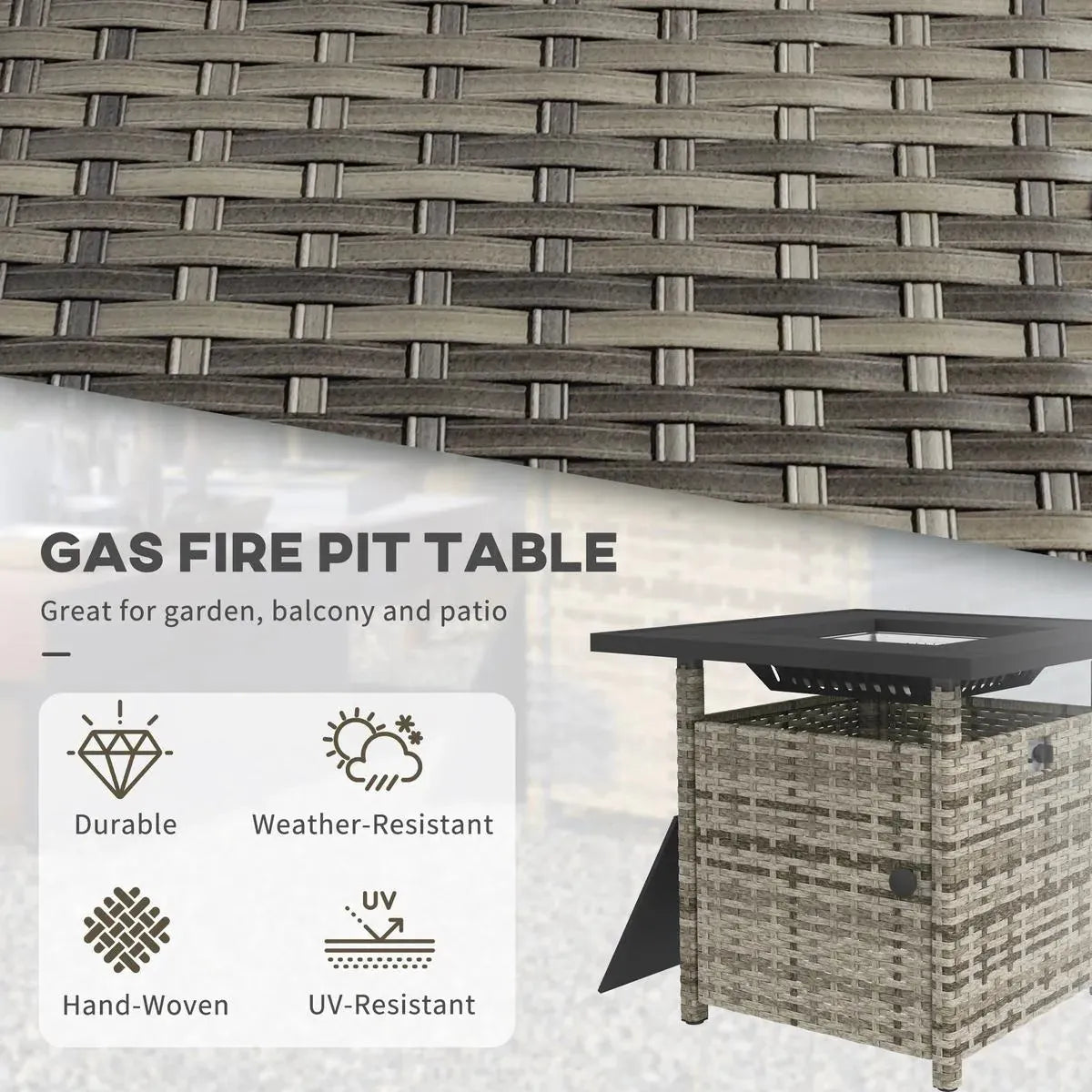 Fire Pit Table, 50,000 BTU, 72.5×72.5cm, Grey with Cover