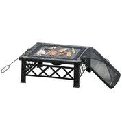 Fire Pit Table Square 3-in-1 Wood Burning Brazier, 76×76×47cm, Black, Outdoor with BBQ Grill, Ice Bucket, Grill Grate, Log Grate, Lid, Poker for Garden Camping Bonfire