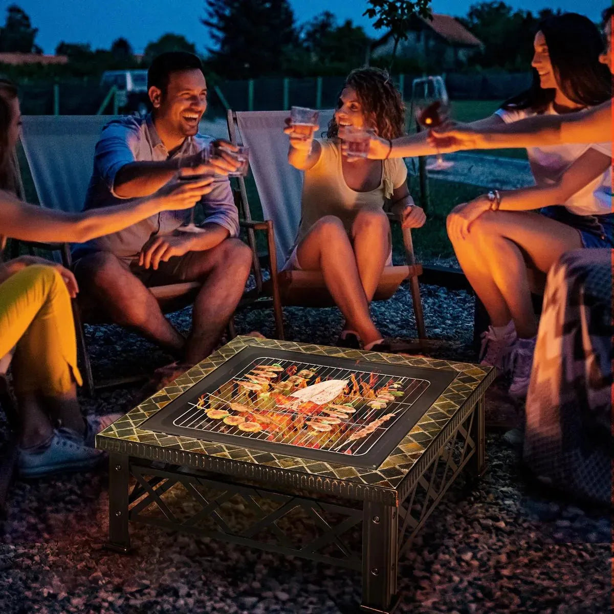 Fire Pit Table Square 3-in-1 Wood Burning Brazier, 76×76×47cm, Black, Outdoor with BBQ Grill, Ice Bucket, Grill Grate, Log Grate, Lid, Poker for Garden Camping Bonfire