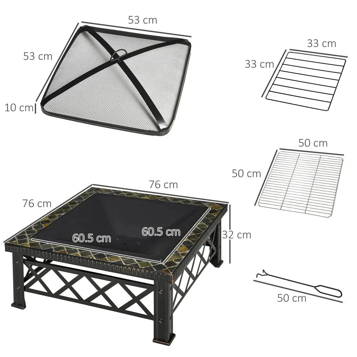 Fire Pit Table Square 3-in-1 Wood Burning Brazier, 76×76×47cm, Black, Outdoor with BBQ Grill, Ice Bucket, Grill Grate, Log Grate, Lid, Poker for Garden Camping Bonfire