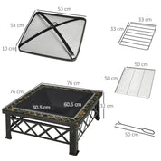 Fire Pit Table Square 3-in-1 Wood Burning Brazier, 76×76×47cm, Black, Outdoor with BBQ Grill, Ice Bucket, Grill Grate, Log Grate, Lid, Poker for Garden Camping Bonfire