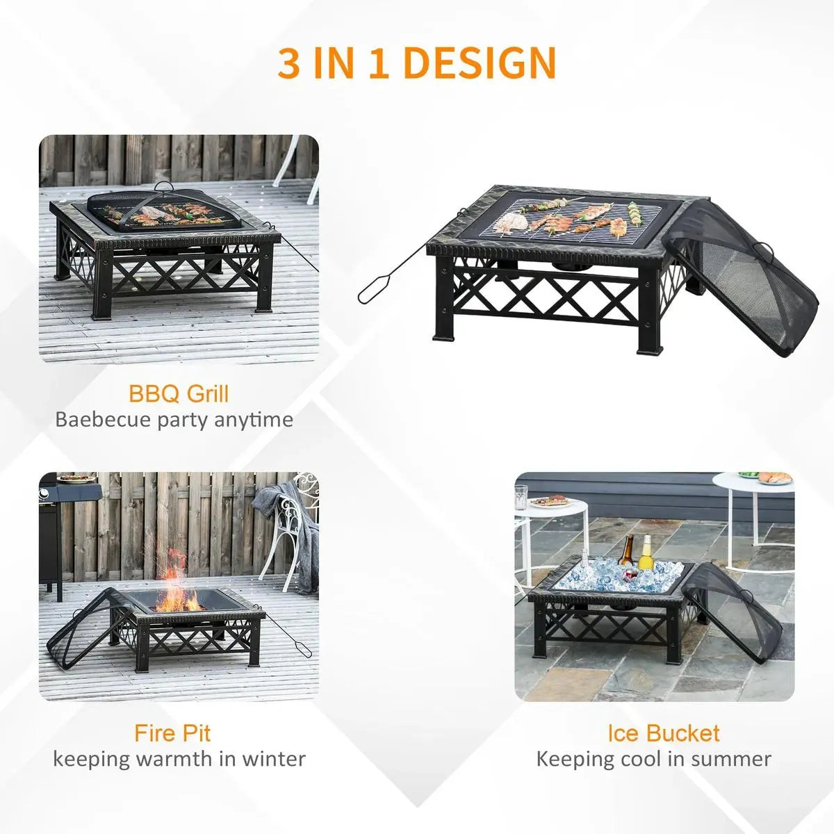 Fire Pit Table Square 3-in-1 Wood Burning Brazier, 76×76×47cm, Black, Outdoor with BBQ Grill, Ice Bucket, Grill Grate, Log Grate, Lid, Poker for Garden Camping Bonfire