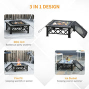 Fire Pit Table Square 3-in-1 Wood Burning Brazier, 76×76×47cm, Black, Outdoor with BBQ Grill, Ice Bucket, Grill Grate, Log Grate, Lid, Poker for Garden Camping Bonfire