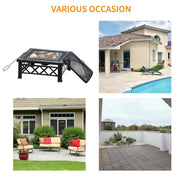 Fire Pit Table Square 3-in-1 Wood Burning Brazier, 76×76×47cm, Black, Outdoor with BBQ Grill, Ice Bucket, Grill Grate, Log Grate, Lid, Poker for Garden Camping Bonfire