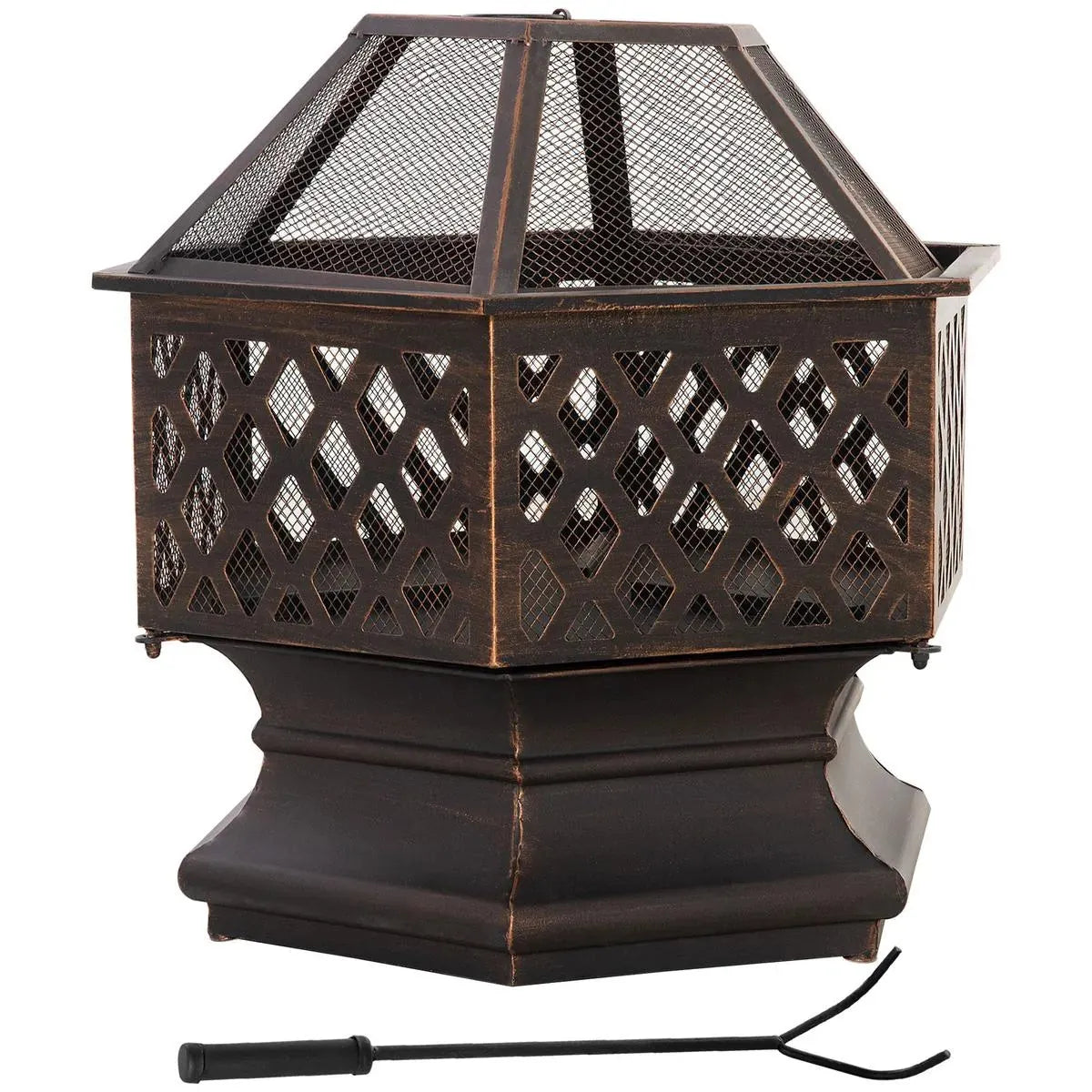 Fire Pit Wood Burning Firebowl, Portable, Bronze with Screen Cover and Poker for Patio Backyard
