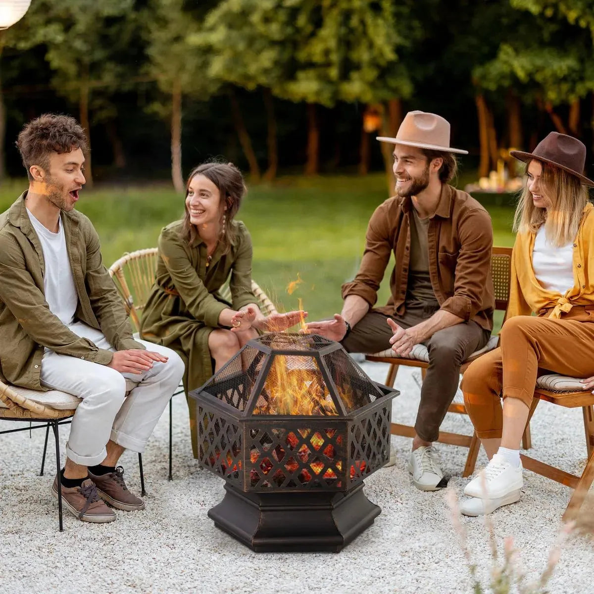 Fire Pit Wood Burning Firebowl, Portable, Bronze with Screen Cover and Poker for Patio Backyard