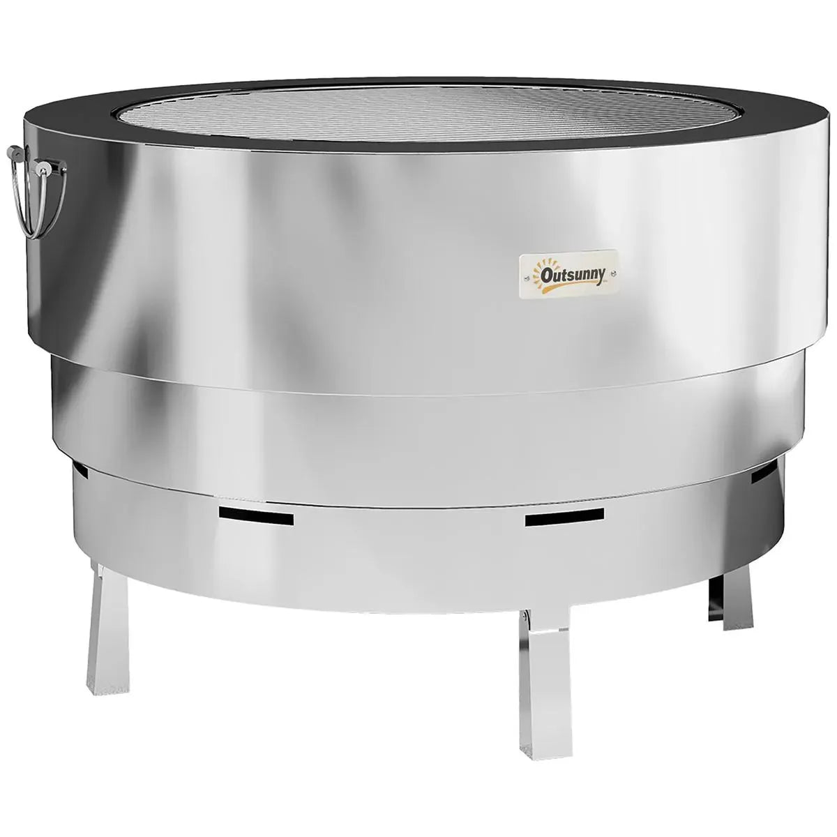 Fire Pit Wood-burning Stainless Steel with Fire Poker, Silver