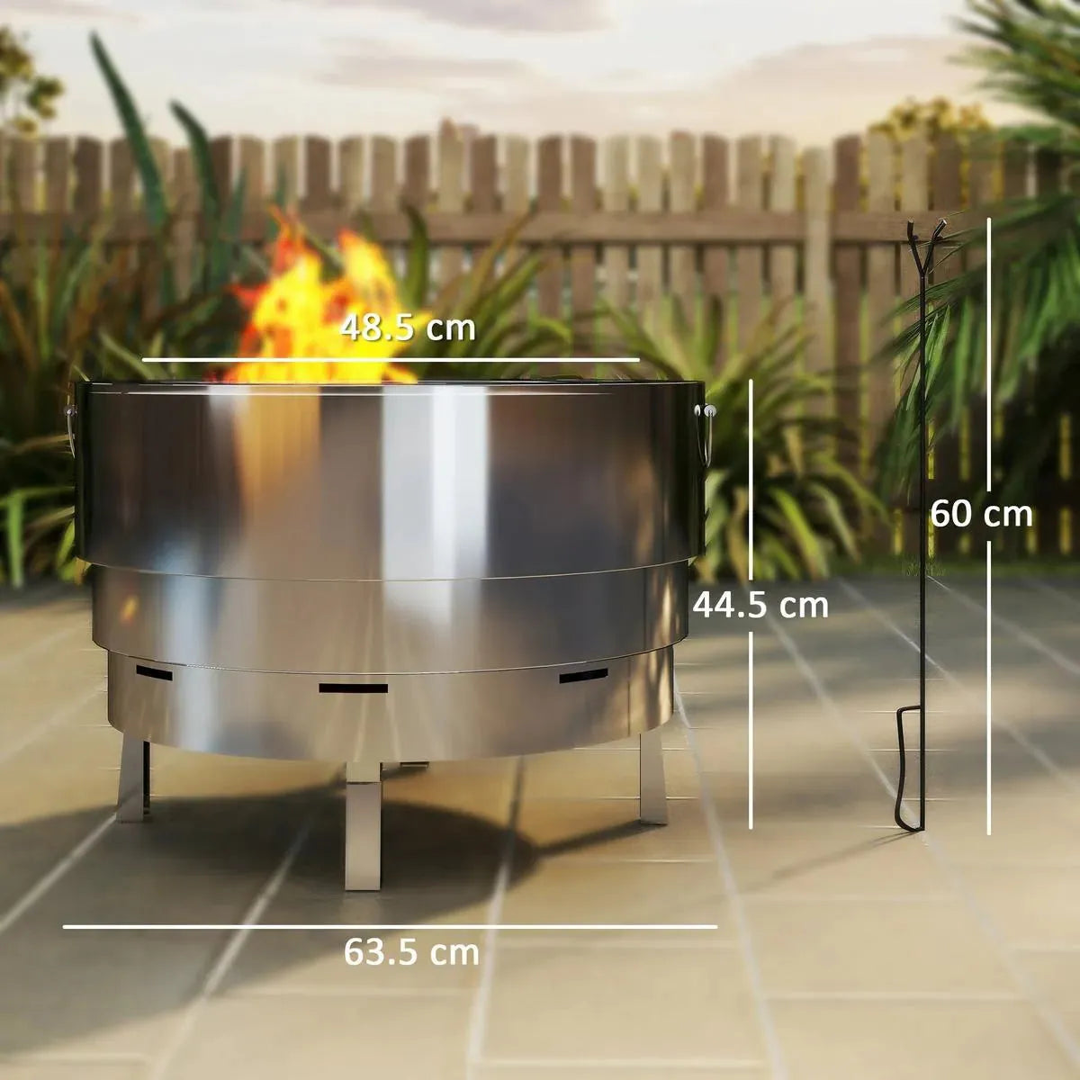 Fire Pit Wood-burning Stainless Steel with Fire Poker, Silver