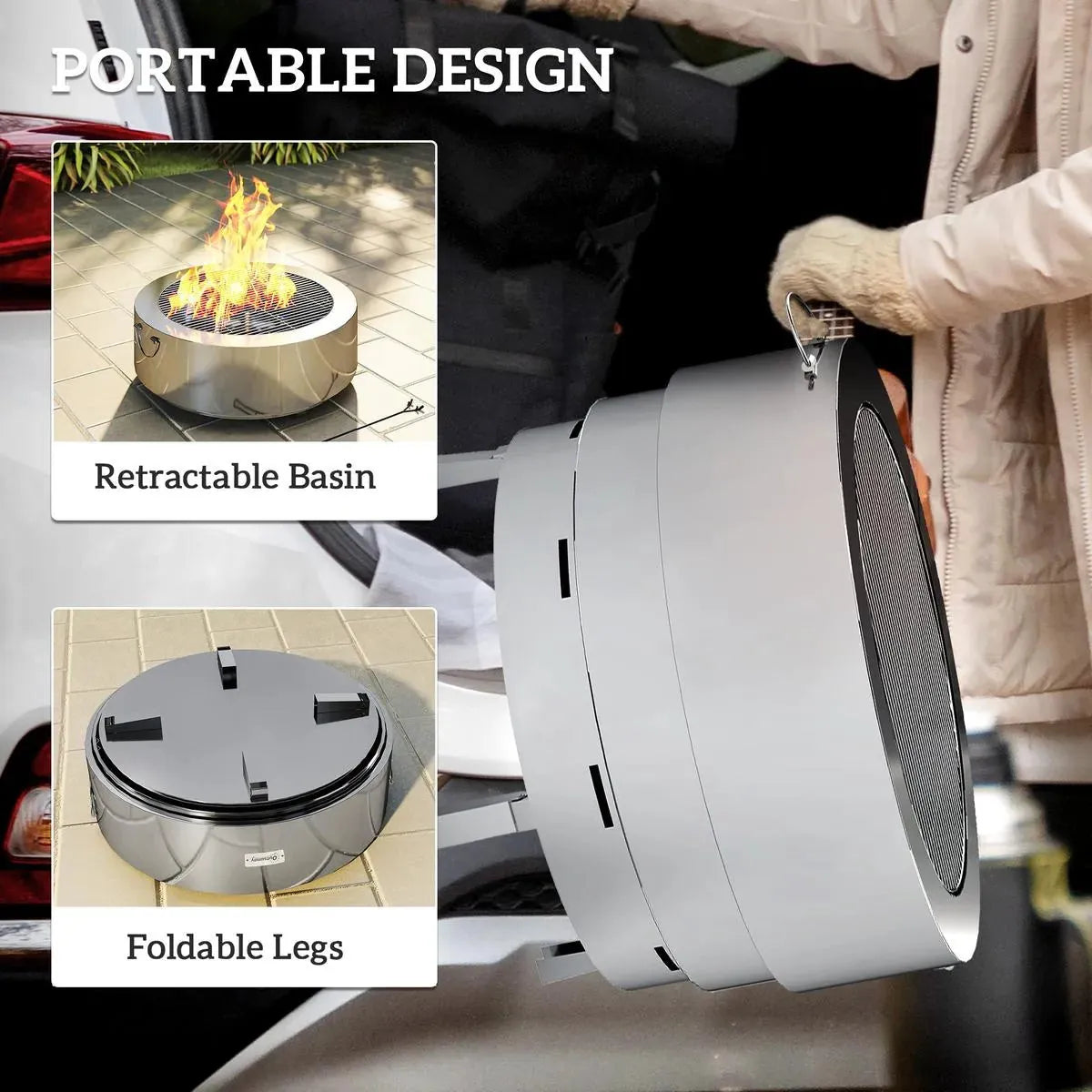 Fire Pit Wood-burning Stainless Steel with Fire Poker, Silver