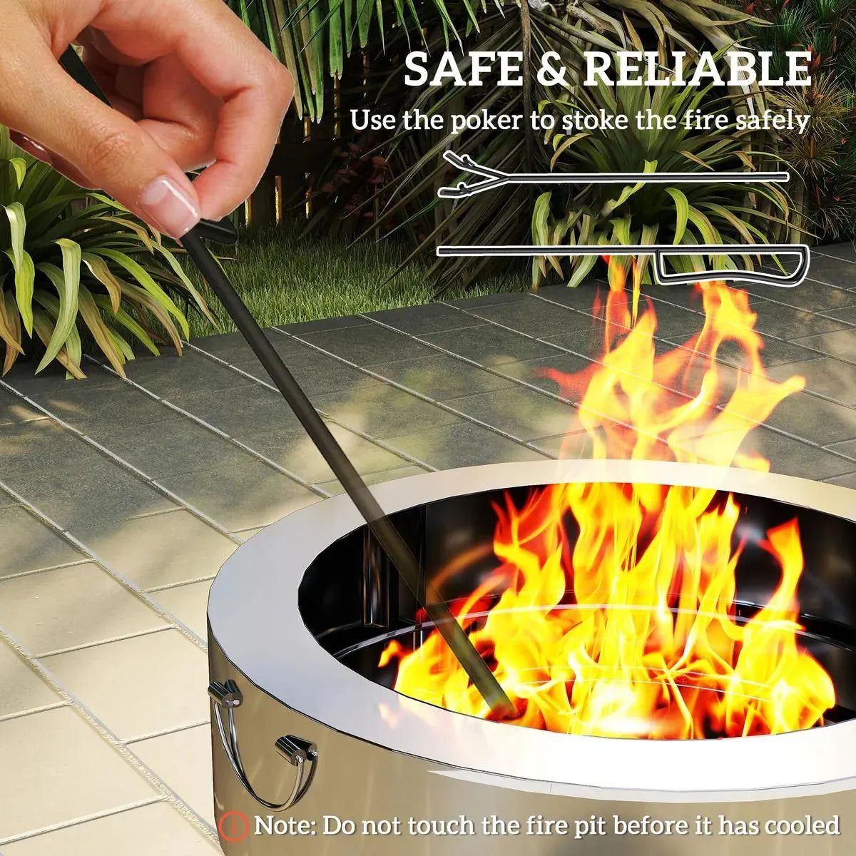 Fire Pit Wood-burning Stainless Steel with Fire Poker, Silver