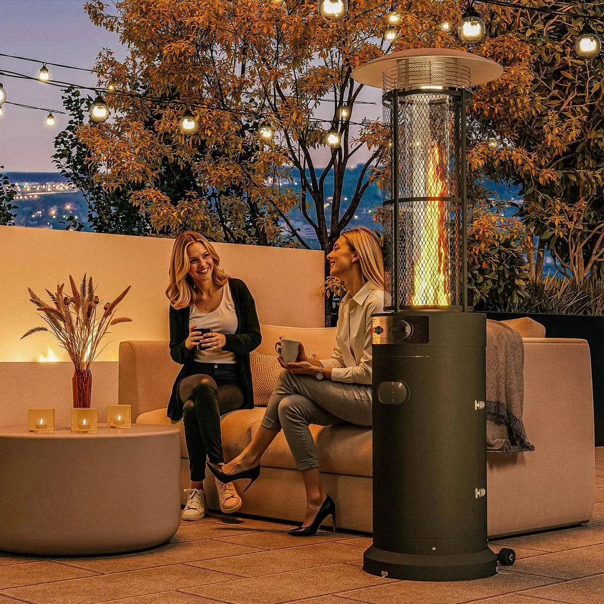 Freestanding Gas Patio Heater 11kW Adjustable Outdoor Garden Propane Heater Tip-Over Switch Wheels Pulse Ignition Black